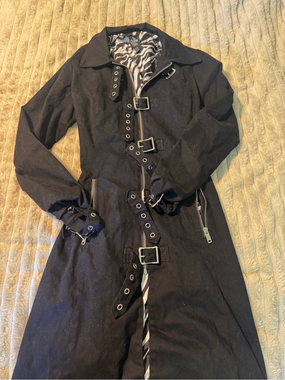 Black Buckle-Front Long Trench Coat with Zebra Lining